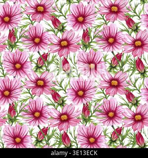 Illustrazione di fiori selvatici ad acquerello. Disegno a mano senza cuciture con fiori e foglie cosmo Foto Stock