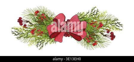 Corona di pino di Natale con arco rosso, isolata su bianco. Acquerello garland, striscione Foto Stock