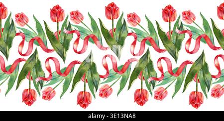 Bordo senza cuciture ad acquerello dipinto a mano con due file di tulipani rossi e nastri rosa che scorrono. Questo elegante ornamento floreale orizzontale è perfetto Foto Stock