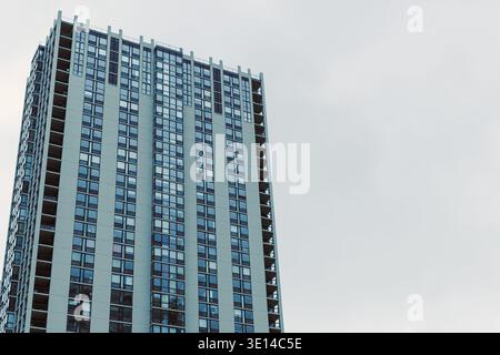Un alto edificio con molte finestre e' visto contro un cielo grigio. La struttura verticale fa parte dello skyline della città e presenta architettura moderna e urb Foto Stock