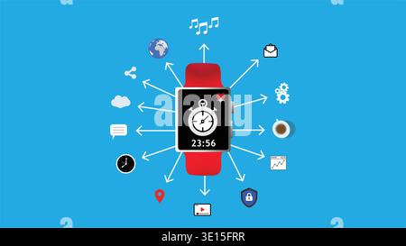 Connettività smartwatch e fitness Tracker con icone delle applicazioni che mostrano salute, messaggi e produttività Illustrazione Vettoriale