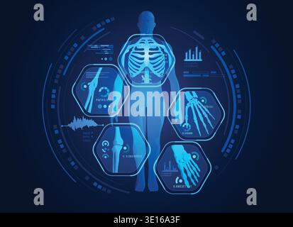 grafica dei raggi x del corpo umano con interfaccia scientifica digitale di scheletro e ossa per la scansione di infografiche biologiche Illustrazione Vettoriale
