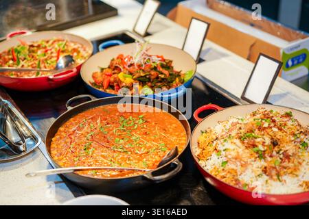 Il servizio a buffet offre una selezione di piatti caldi, tra cui frittura, riso e curry, disposti in colorate pentole da cucina con utensili da portata Foto Stock