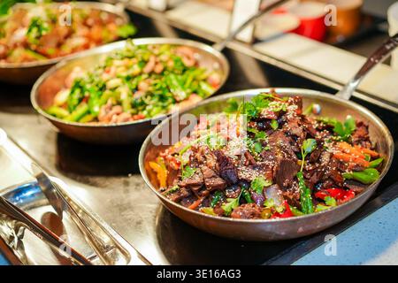 Tavolo a buffet che propone vari piatti asiatici in padelle metalliche, con frittura di manzo con peperoni, carote, semi di sesamo, oltre ad altri Foto Stock