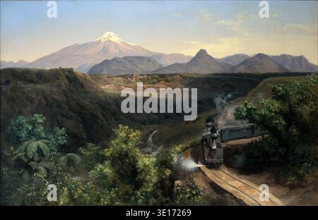 "La gola del Metlac" di Jose Maria Velasco del 1897, un dipinto a olio su tela, cattura un paesaggio messicano drammatico con un treno a vapore che attraversa una gola montuosa. Il realismo del dipinto mette in risalto il progresso tecnologico della ferrovia contro la bellezza grezza della natura, con una cima innevata che domina lo sfondo. Foto Stock