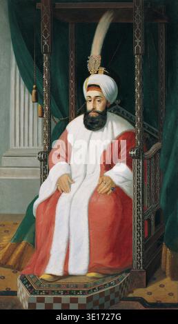 Questo dipinto regale ad olio di Joseph Warnia-Zarzecki, creato nel 1804, raffigura il sultano Selim III seduto formalmente su un trono ornato. Il sovrano ottomano è decorato con lussuose vesti rosse e bianche, un turbante con un pennacchio piumato e grandi anelli, che presentano un'immagine dignitosa e potente dei primi anni del XIX secolo. Foto Stock