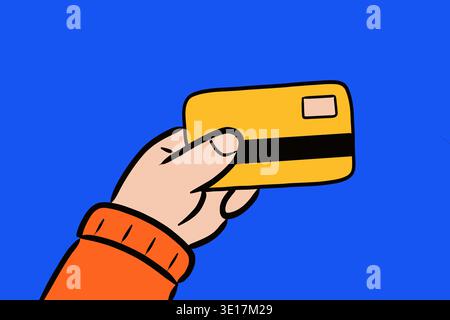 Un'illustrazione che mostra una mano che regge un cartellino giallo su uno sfondo blu brillante. Il design semplice e i colori audaci creano un design accattivante e accattivante Foto Stock