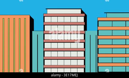 Edifici di diversi colori si ergono di fila contro un cielo azzurro. I design presentano varie forme e disposizioni delle finestre. Questa scena di strada c Foto Stock