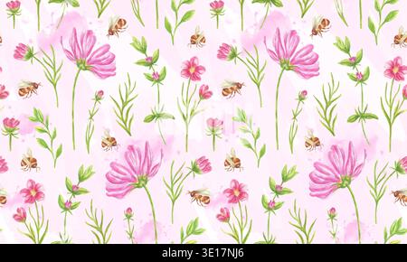 Acquerello senza cuciture con fiori rosa, prati e api. Stampa botanica con elementi floreali per decorazioni e tappezzerie. Una nuova stampa estiva con sfondo rosa ad acquerello. Foto Stock
