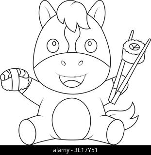 Carino Cartoon Horse mangiare Sushi Outline e Line Art Variation per le pagine da colorare Illustrazione Vettoriale