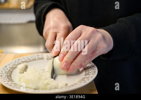 Mani femminili in guanti in lattice nero per affettare la cipolla con un coltello da cucina. Scena di preparazione del cibo in primo piano che mostra l'igiene, il processo di cottura e la cucina Foto Stock