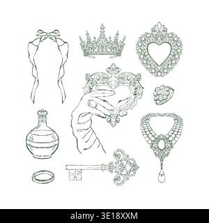 Un set di accessori vintage da donna. Profumo, chiave, archi, corona, collana, anello, spilla. Una collezione di illustrazioni in stile rococò e barocco. Gioielli da donna storici. Clipart del contorno vettoriale in verde. Illustrazione Vettoriale