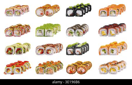 Ampia varietà di sushi roll con salmone, tonno, avocado, mango, formaggio philadelphia, caviale tobiko e alghe nori su sfondo bianco Foto Stock
