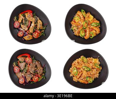 Quattro diversi piatti asiatici con riso, pollo, manzo e gamberetti serviti in ciotole nere, isolati su sfondo bianco Foto Stock