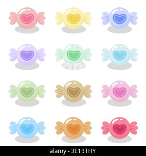 Una collezione di 12 colorate icone di caramelle a forma di cuore in colori pastello. Perfetto per adesivi dolci, motivi, temi di San Valentino e bambini Illustrazione Vettoriale