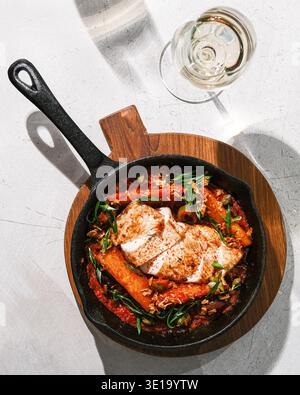 Salmone scottato con verdure ed erbe aromatiche. Piatto gourmet di salmone servito con verdure arrosto e verdure Foto Stock