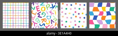 Puntini colorati, plaid ondulato e lettere alfabetiche, set vettoriale senza cuciture, sfondi carini per il compleanno dei bambini e il design della scuola Illustrazione Vettoriale