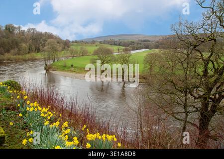 Vista primaverile sul fiume Lune dal punto di vista di Ruskin nella città mercato Cumbria di Kirkby Lonsdale Cumbria Inghilterra Regno Unito Foto Stock
