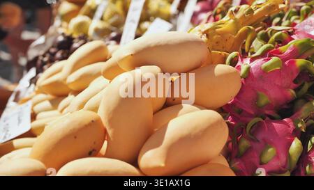 Manghi maturi e frutta di drago in vendita in un mercato all'aperto in India Foto Stock