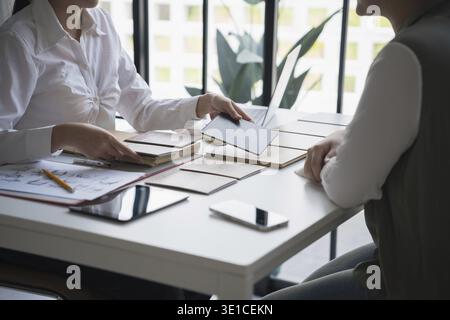 Designer di interni che presenta campioni di materiali in legno ecocompatibili per un arredamento sostenibile Foto Stock