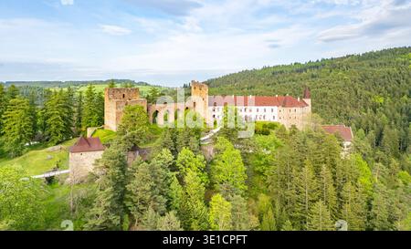 Questa vista aerea cattura il castello di Velhartice annidato tra le lussureggianti foreste della Repubblica Ceca. Il sito storico presenta un'architettura impressionante e splendidi dintorni naturali. Foto Stock