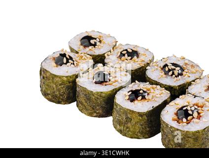 Panini di sushi con salsa unagi e semi di sesamo su sfondo bianco Foto Stock