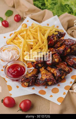 Succose ali ali di pollo alla griglia servite con patatine fritte e salse da immersione su carta Foto Stock