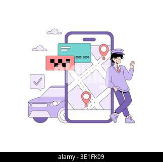 Immagine vettoriale di un tassista appoggiato a un grande smartphone che visualizza una mappa. L'illustrazione include un'auto, le spille della mappa e le icone della carta di credito, evidenziando il servizio taxi basato su app. Illustrazione Vettoriale