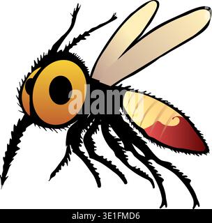 zanzara da cartoni animati dagli occhi grandi e dai capelli sgradevoli. Illustrazione vettoriale l'insetto contiene sangue nell'addome che spruzza quando si muove. Illustrazione Vettoriale