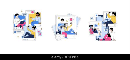 Illustrazione vettoriale che raffigura varie scene di persone che interagiscono con i social media e catturano momenti familiari. Enfatizza l'interazione digitale, la connettività e la condivisione di esperienze gioiose. Illustrazione Vettoriale