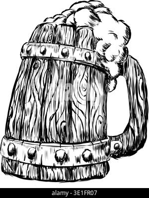 Tazza in legno disegnata a mano con birra schiumosa. Illustrazione vettoriale vecchia tazza in legno per taverna forgiata con anelli e rivetti in metallo. Su piatti di legno Illustrazione Vettoriale