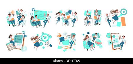 Illustrazione vettoriale che raffigura un team che collabora a progetti digitali. Varie scene mostrano il lavoro di squadra, l'analisi dei dati e l'interazione con gli strumenti digitali, sottolineando l'innovazione tecnologica e la cooperazione. Illustrazione Vettoriale