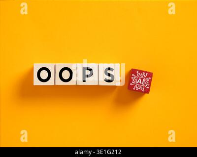I blocchi di legno indicano OOPS con un blocco di chip ai rosso che rappresenta allucinazione, errore, errore, glitch e fallimento dell'intelligenza artificiale. Foto Stock
