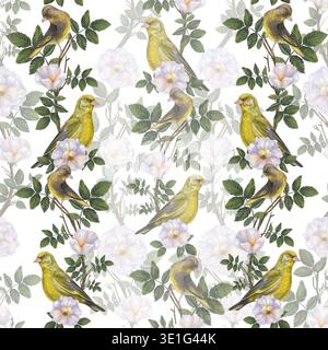 Motivo verticale senza cuciture con foglie verdi, fianchi rosa, rami e foglie. Illustrazione acquerello isolata su sfondo bianco. Per il tessile Foto Stock