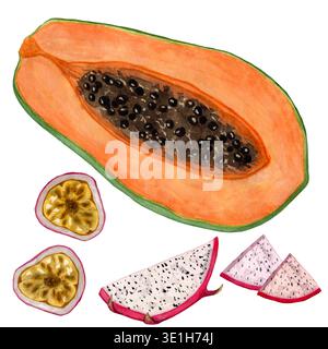 Raccolta di acquerelli a metà di frutta esotica isolata su sfondo bianco. Illustrazioni ad acquerello disegnate a mano di frutti tropicali: Papaya, frutto della passione Foto Stock