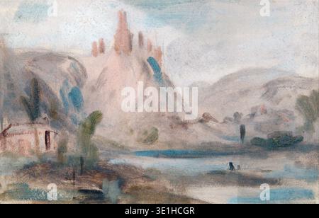 Questo acquerello impressionistico di J.M.W. Turner, probabilmente dell'inizio del XIX secolo (circa 1835-1845), raffigura Petit Andelys sulla Senna. Le sfumature morbide e le pennellate sciolte catturano il tranquillo paesaggio, caratterizzato da una prominente struttura fortificata su una collina che si affaccia sull'acqua, con accenni di figure e abitazioni. Foto Stock