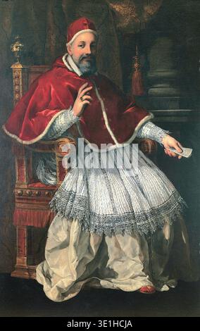 Questo splendido dipinto di Pietro da Cortona, realizzato tra il 1624 e il 1627, raffigura Papa Urbano VIII in pieno abito pontificio, seduto maestosamente su un trono d'oro. Le opere d'arte dell'epoca barocca catturano la presenza dignitosa del pontefice e i dettagli intricati dei suoi paramenti. Foto Stock