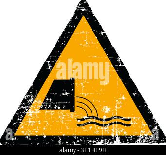 Illustrazione vettoriale di un segnale di pericolo di fuoriuscita delle acque reflue con una consistenza grunge. Simbolo del triangolo giallo, graffito e usurato, che mostra un tubo che scarica le acque reflue isolato su sfondo bianco. Conforme agli standard internazionali sui segnali di sicurezza, tra cui ISO 7010 W055 ANSI Z535 OSHA e DIN 4844. Simbolo di pericolo industriale per la sicurezza ambientale. Illustrazione Vettoriale