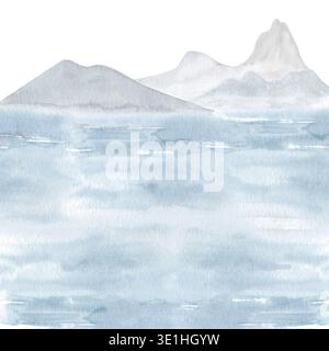 Sfondo di paesaggio ad acquerello morbido con montagne nebbiose, superficie d'acqua calma. Scenografia naturalistica in stile asiatico minimalista in tonalità blu per carta da parati e striscioni Foto Stock
