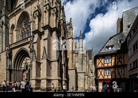 Cattedrale di Saint Pierre, Vannes, Bretagna, Francia. La sua facciata gotica con dettagli intricati si erge accanto a storiche case in legno. La gente spiega Foto Stock