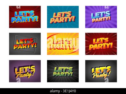 Un collage di nove grafiche colorate a tema party con il testo Lets Party! in vari stili e sfondi. Illustrazione Vettoriale