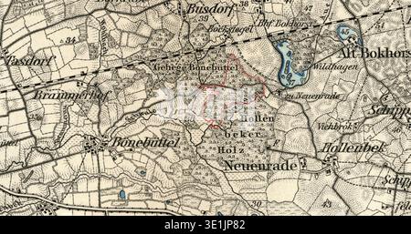 Questa mappa del 1883 del Reichsamt für Landesaufnahme mostra il profilo dell'attuale Bönsbütteler Gehege, un'area designata FFH. La mappa fornisce informazioni sulla geografia della regione durante la fine del XIX secolo. Foto Stock