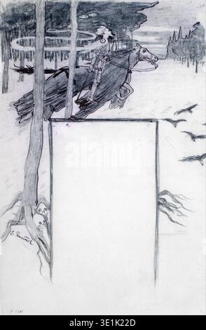 Questa accattivante matita, disegnata tra la fine del XIX e l'inizio del XX secolo, intitolata "Fantasy" di Santiago Rusiñol, mostra un cavaliere al galoppo a cavallo attraverso una foresta mistica con uno spazio vuoto progettato per il testo. L'opera presenta elementi simbolici e uno stile oscuro e fantasioso, evocativo di leggende medievali. Foto Stock