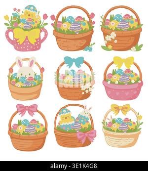 Set di graziosi cesti pasquali con uova, pulcini e coniglietti decorati Illustrazione Vettoriale