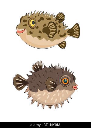 Pesci di zucca cartoni animati, simpatici pesci fugu spinosi, animali marini, pesci tropicali dell'oceano, illustrazione vettoriale piatta isolata su sfondo bianco. Disegnato a mano, scarabocchiare Illustrazione Vettoriale