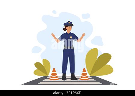 regolazione dell'attraversamento dei pedoni. Donna agente di polizia in uniforme in piedi con le mani alzate, che proibisce il passaggio in auto. Vettore. Illustrazione Vettoriale