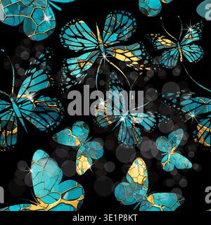 Una serie di bellissime farfalle blu e oro senza cuciture. Disegnato a mano. Non ai, illustrazione vettoriale. Illustrazione Vettoriale