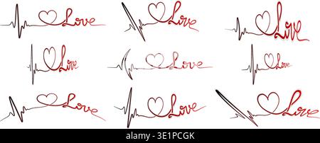 Raccolta di disegni continui a una linea con un battito cardiaco cardiogramma, forma del cuore e la parola amore. Il set include vari stili eleganti disegni con linee rosse, tratti di pennello calligrafico e adesivi 3D fustellati con ombre esterne. Romantico San Valentino e medicale elementi grafici isolati su bianco. Illustrazione Vettoriale