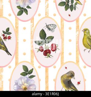 Motivo vintage di rosa fianchi, foglie, rami di rosa fianchi, farfalla Apollo bianca e verdefinch, strisce verticali e cornici ovali. Motivo senza cuciture Foto Stock