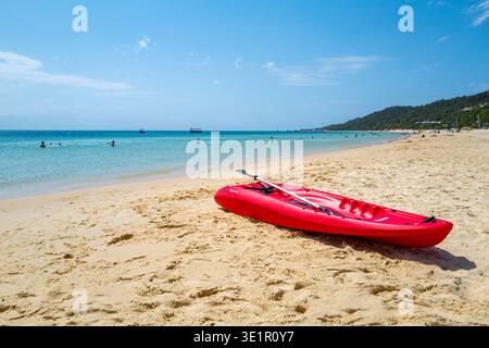 Un kayak di plastica rosso con pagaia si trova sulla spiaggia sabbiosa di Tangalooma Beach sull'isola di Moreton, con persone che nuotano nelle acque turchesi dell'oceano. Foto Stock
